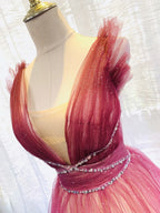 Burgundy V Neck Tulle Sequin Long Formal Prom Dresses Burgundy Formal Dresses