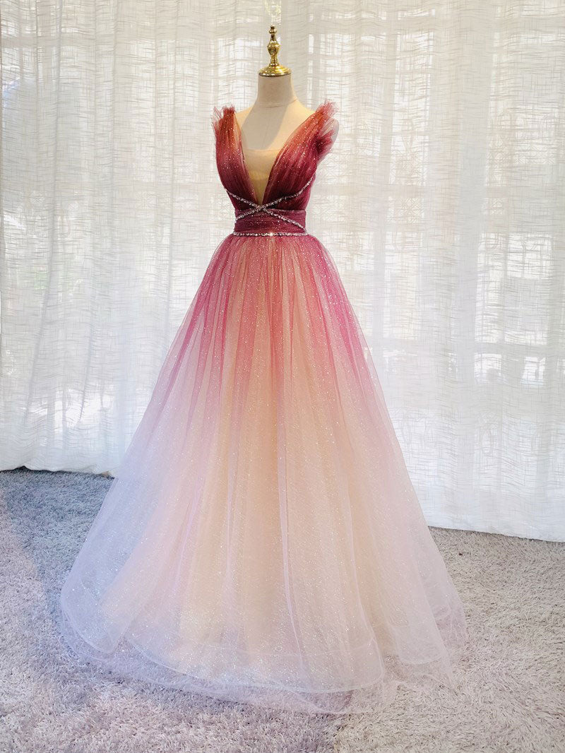Burgundy V Neck Tulle Sequin Long Formal Prom Dresses Burgundy Formal Dresses