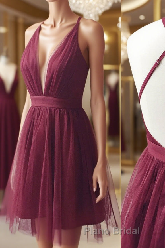 Burgundy v neck tulle short Formal Prom dress burgundy homecoming dress Main image