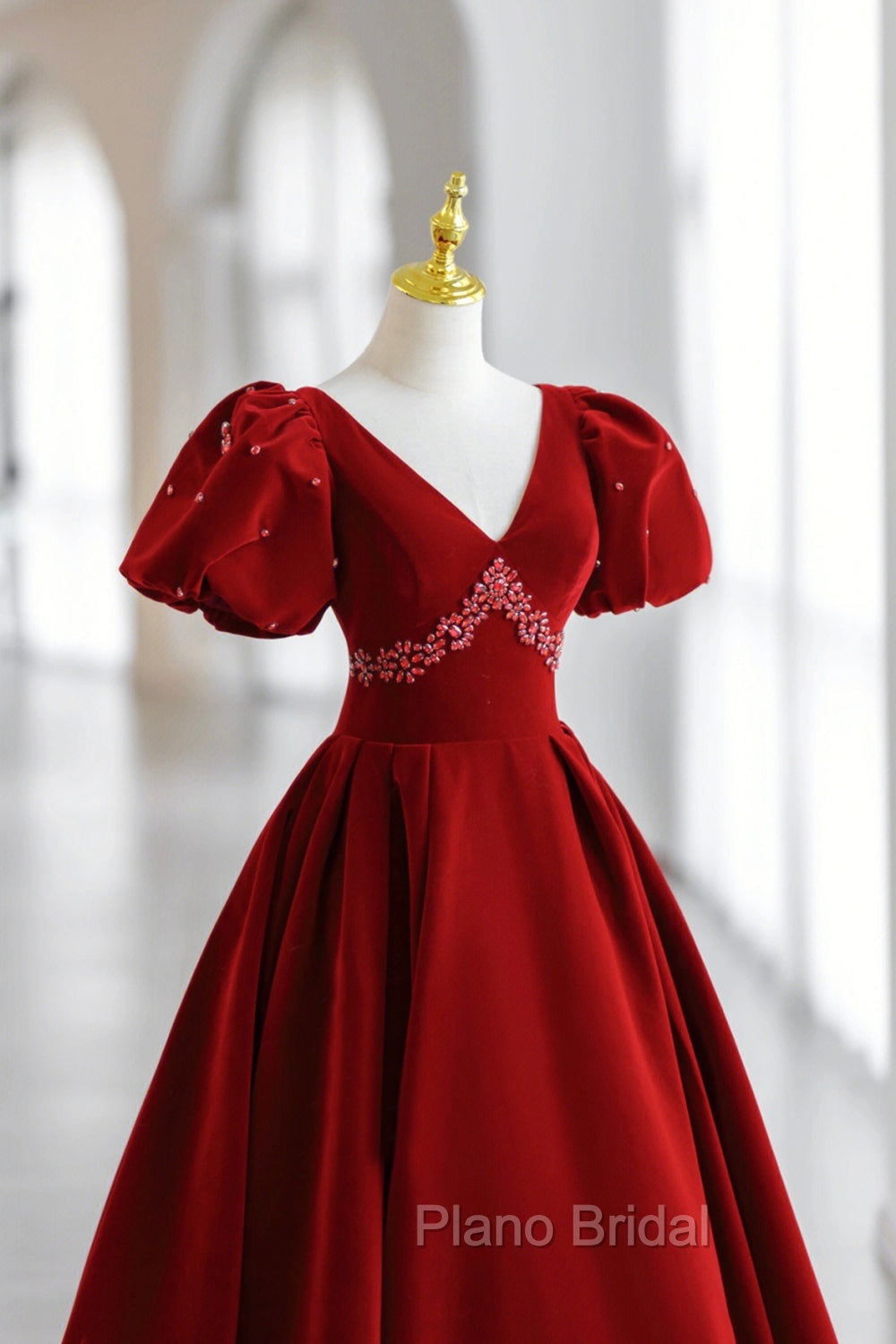 Burgundy V-Neck Velvet Long Formal Dresses, A-Line Short Sleeve Evening Dresses Main image