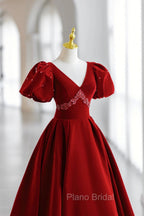 Burgundy V-Neck Velvet Long Formal Dresses, A-Line Short Sleeve Evening Dresses