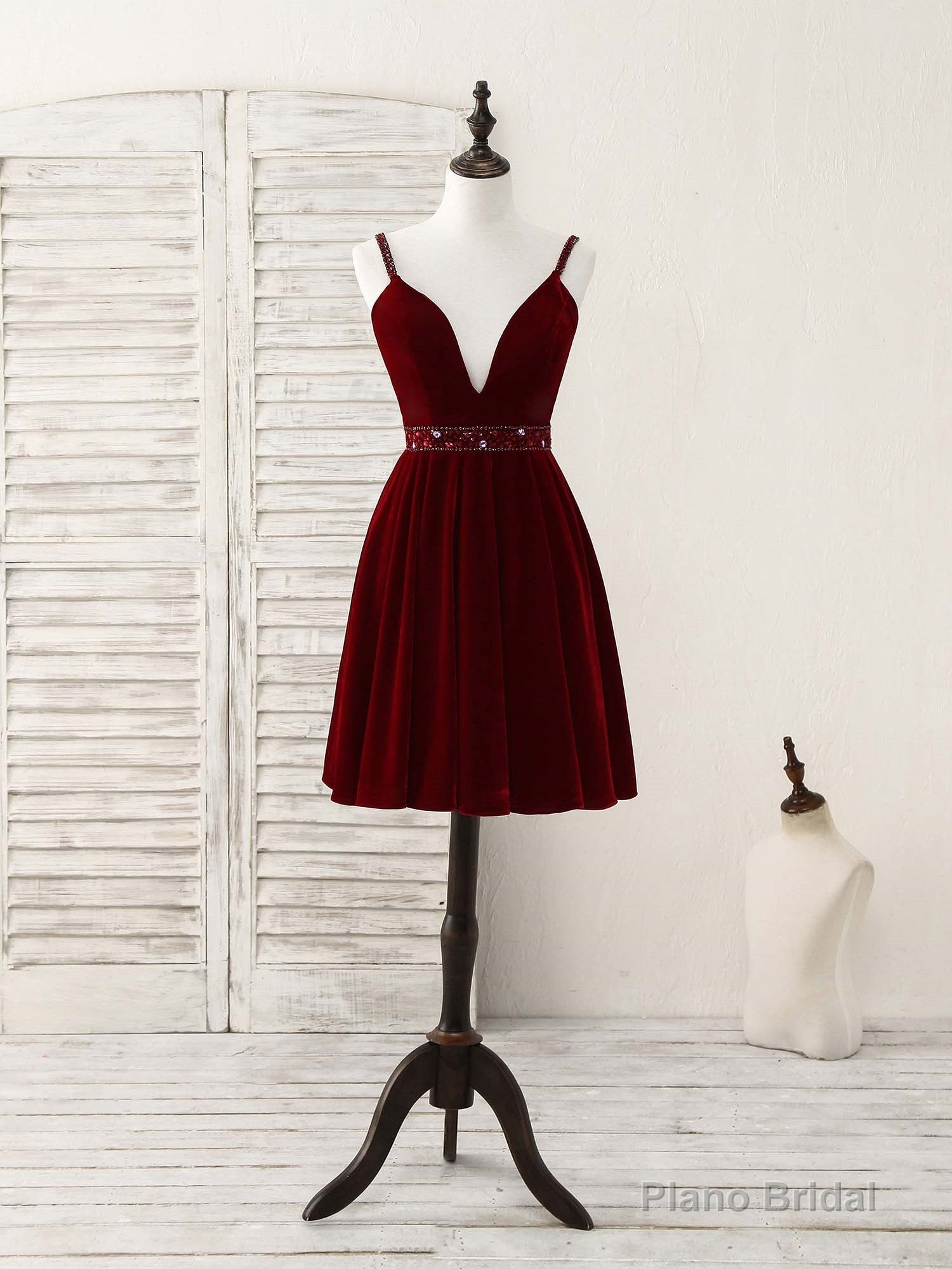 Burgundy V Neck Velvet Short Prom Dress, Burgundy Homecoming Dress Secondary image