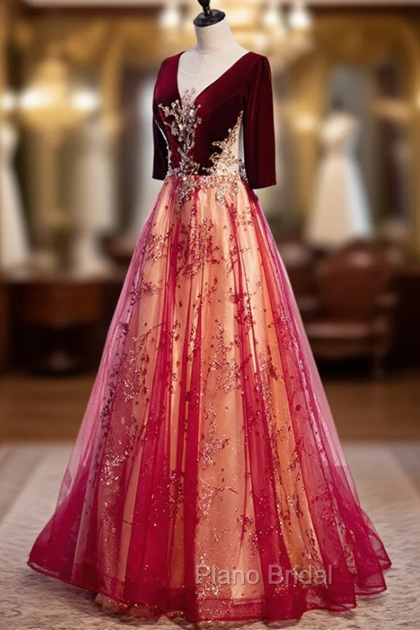 Burgundy V-Neck Velvet Tulle Long Formal Prom Dresses, A-Line 1/2 Sleeve Evening Dresses Secondary image