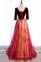 Burgundy V-Neck Velvet Tulle Long Formal Prom Dresses, A-Line 1/2 Sleeve Evening Dresses