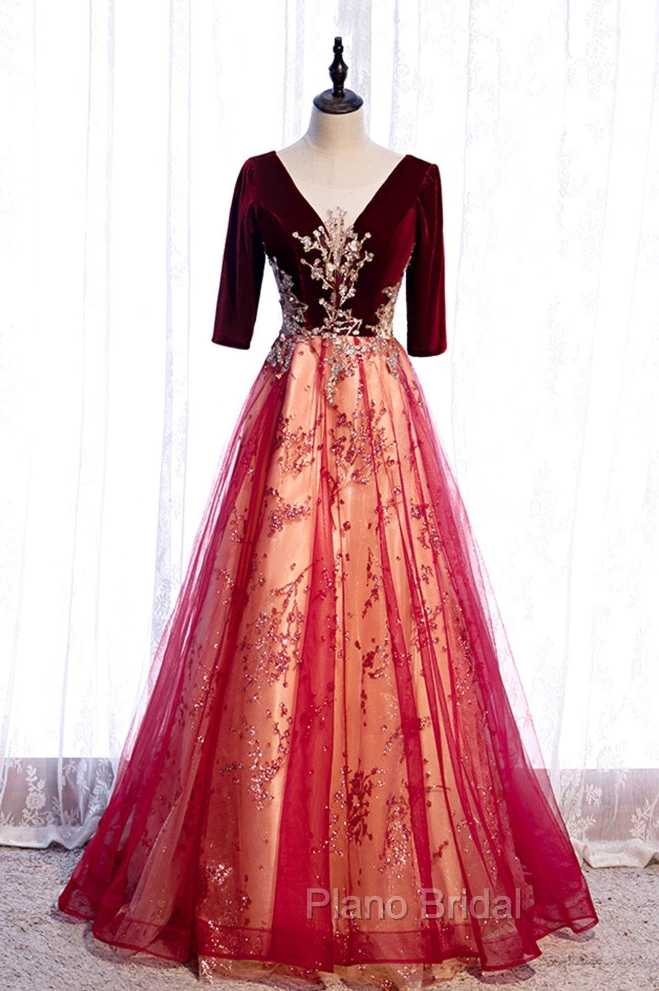 Burgundy V-Neck Velvet Tulle Long Formal Prom Dresses, A-Line 1/2 Sleeve Evening Dresses Main image