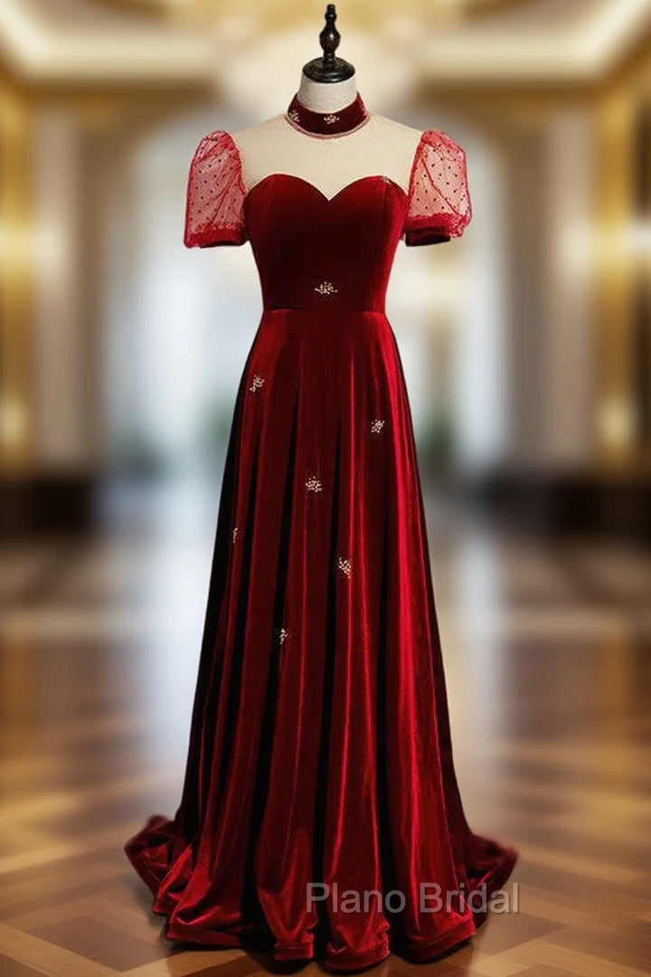 Burgundy Velvet Backless High Neck Formal Prom Dresses Main image