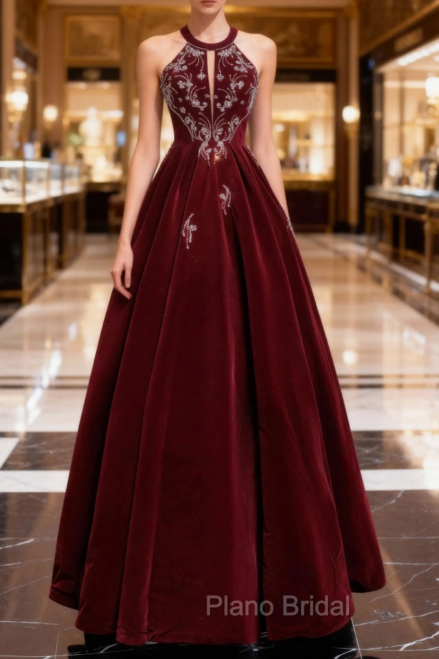 Burgundy Velvet Beaded Long Formal Prom Dresses, Elegant A-Line Evening Party Dresses Main image