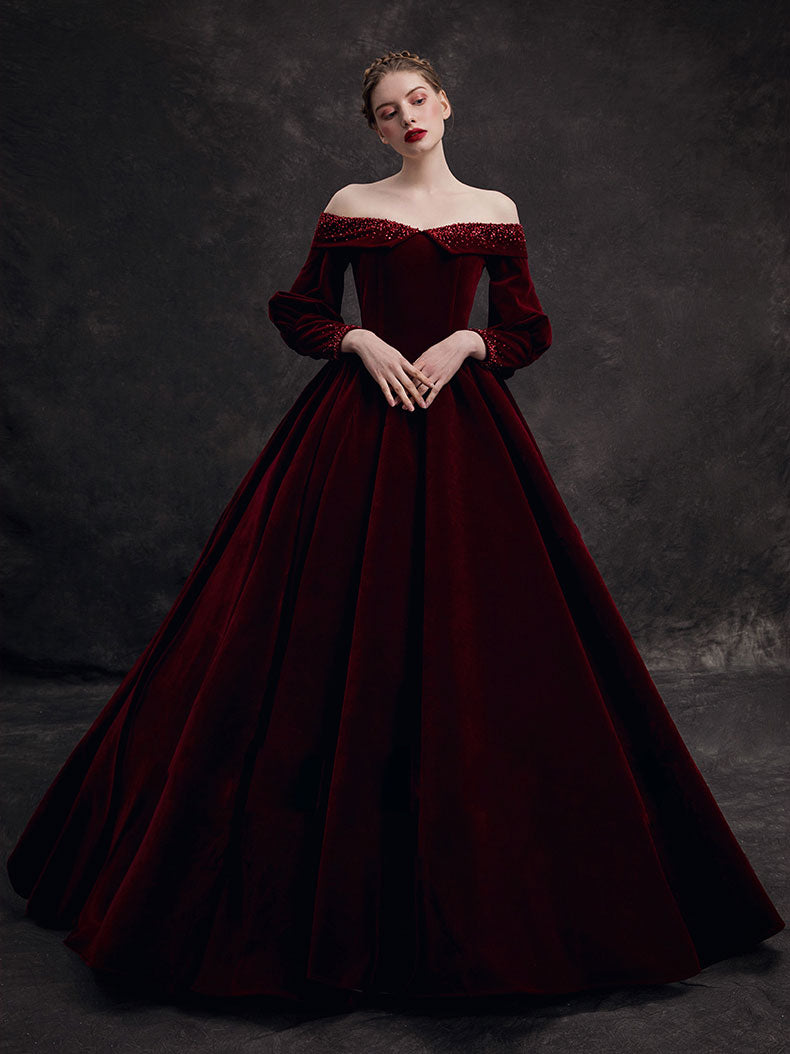 Burgundy Velvet Beads Long Formal Prom Dresses, Burgundy Prom Dresses Secondary image