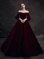 Burgundy Velvet Beads Long Formal Prom Dresses, Burgundy Prom Dresses