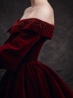 Burgundy Velvet Beads Long Formal Prom Dresses, Burgundy Prom Dresses