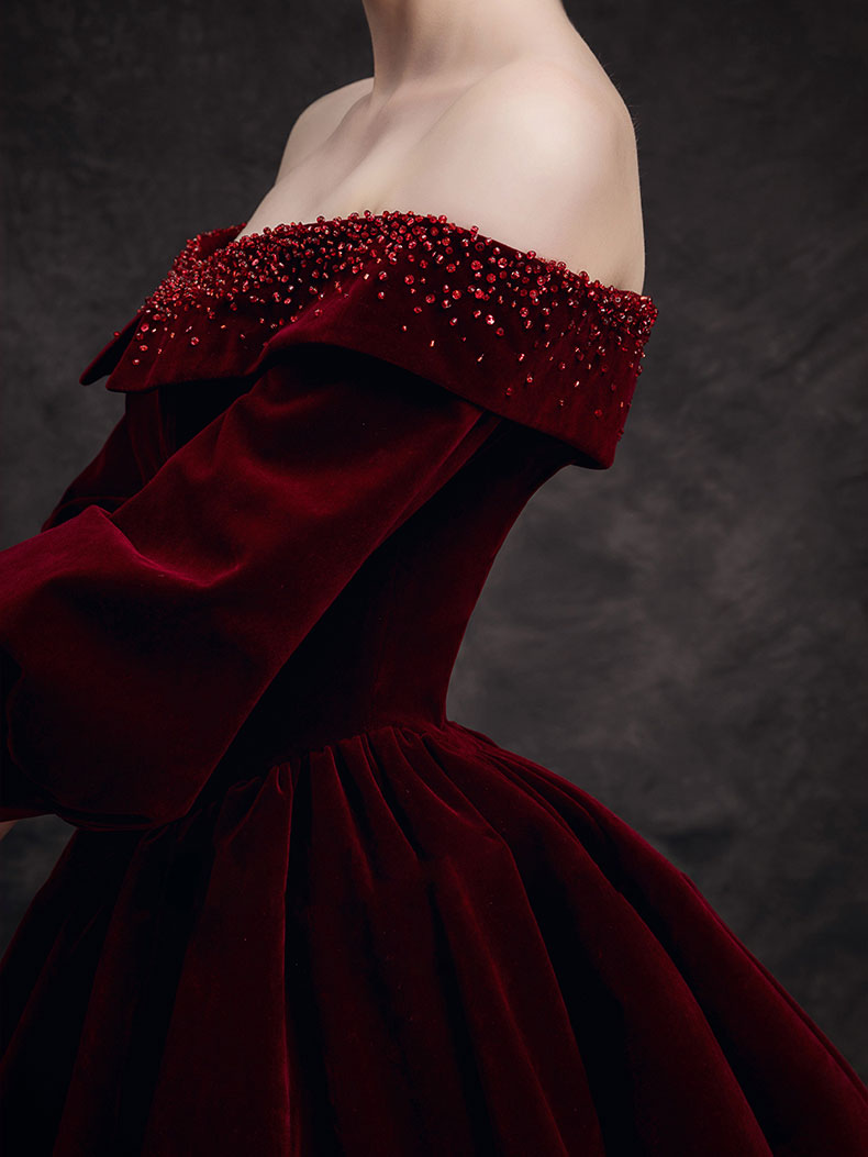Burgundy Velvet Beads Long Formal Prom Dresses, Burgundy Prom Dresses
