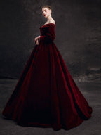 Burgundy Velvet Beads Long Formal Prom Dresses, Burgundy Prom Dresses