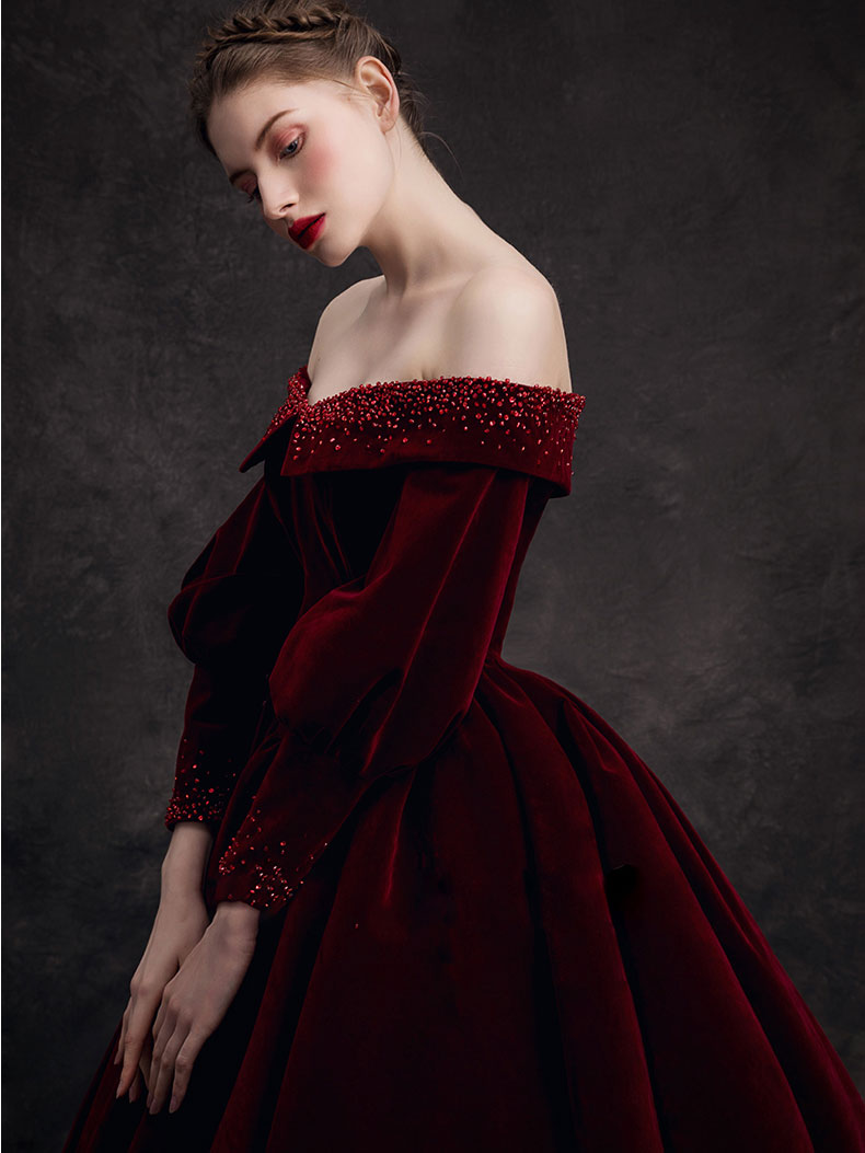 Burgundy Velvet Beads Long Formal Prom Dresses, Burgundy Prom Dresses