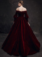 Burgundy Velvet Beads Long Formal Prom Dresses, Burgundy Prom Dresses