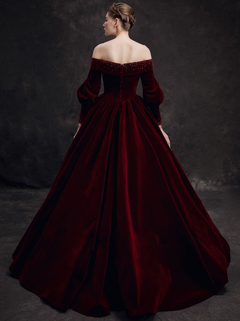 Burgundy Velvet Beads Long Formal Prom Dresses, Burgundy Prom Dresses