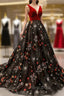 Burgundy Velvet Black Tulle Embroidery V-neck Backless Haute Couture Formal Prom Dresses