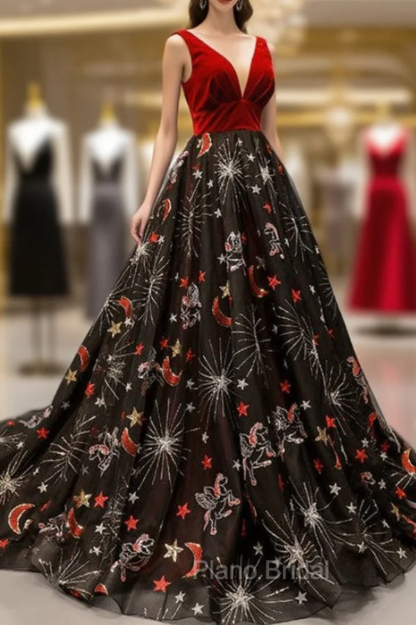 Burgundy Velvet Black Tulle Embroidery V-neck Backless Haute Couture Formal Prom Dresses Main image