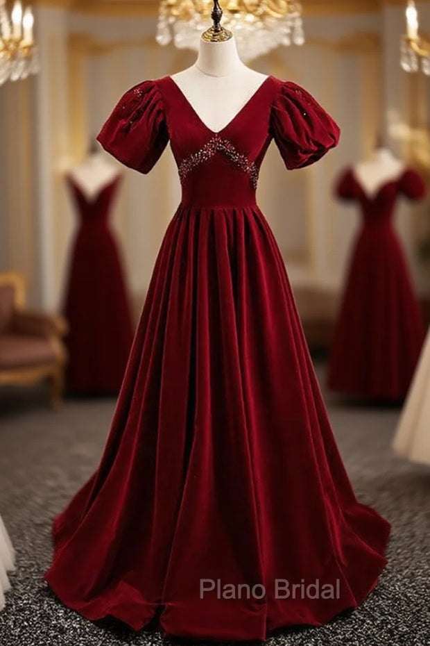Burgundy Velvet Deep V-neck Backless Crystal Formal Prom Dresses