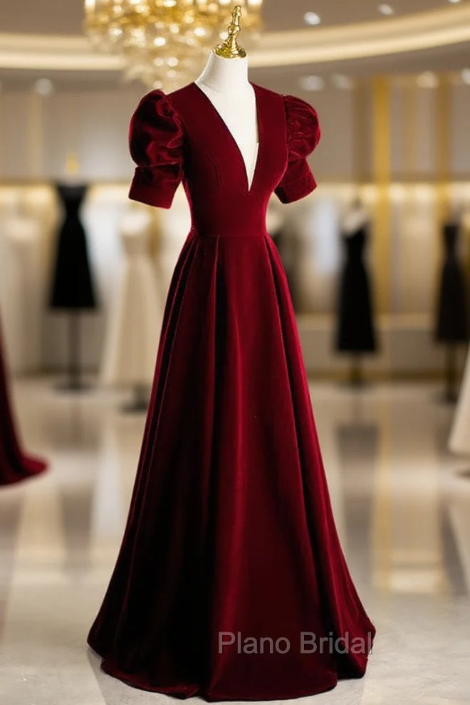 Burgundy Velvet Deep V-neck Puff Sleeve Formal Prom Dresses Main image