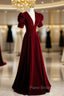 Burgundy Velvet Deep V-neck Puff Sleeve Formal Prom Dresses
