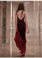 Burgundy Velvet Floor Length Mermaid Formal Prom Dresses, Velvet Bridesmaid Dresses
