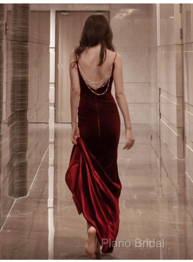 Burgundy Velvet Floor Length Mermaid Formal Prom Dresses, Velvet Bridesmaid Dresses