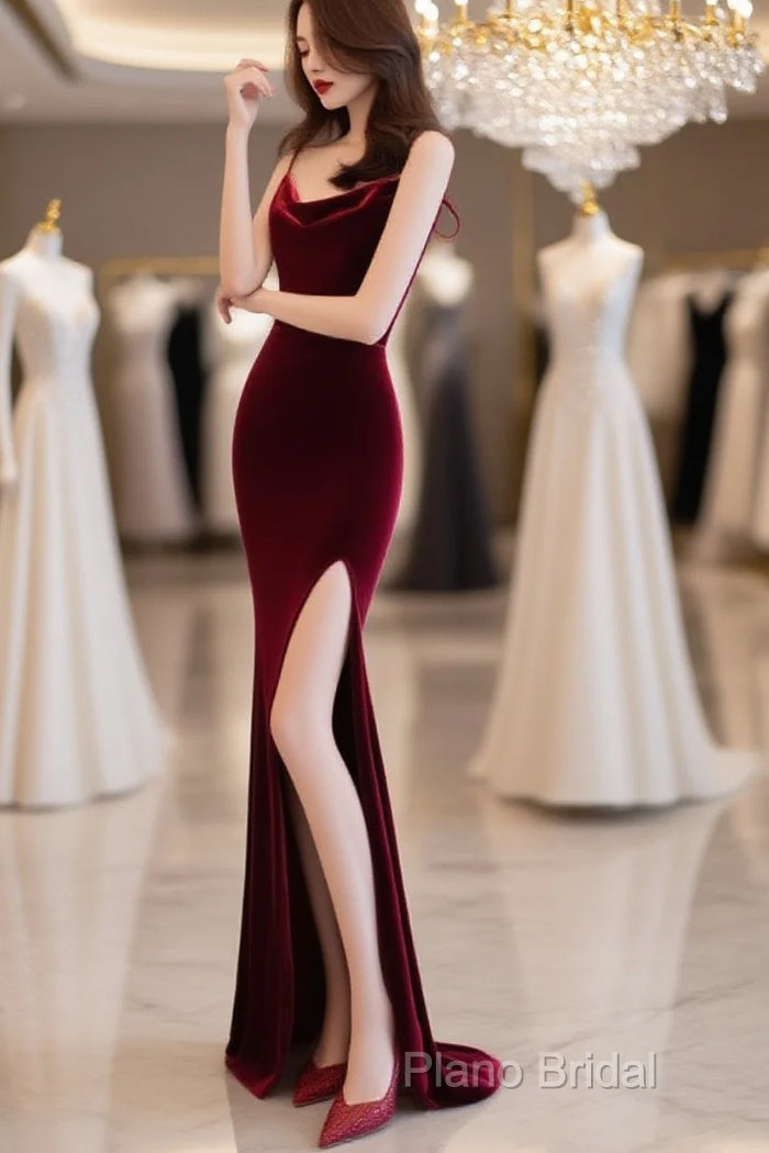Burgundy Velvet Floor Length Mermaid Formal Prom Dresses, Velvet Bridesmaid Dresses Main image