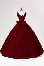 Burgundy Velvet Floor Length Formal Prom Dresses, A-Line Evening Party Dresses With Flowers