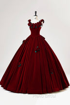 Burgundy Velvet Floor Length Formal Prom Dresses, A-Line Evening Party Dresses With Flowers