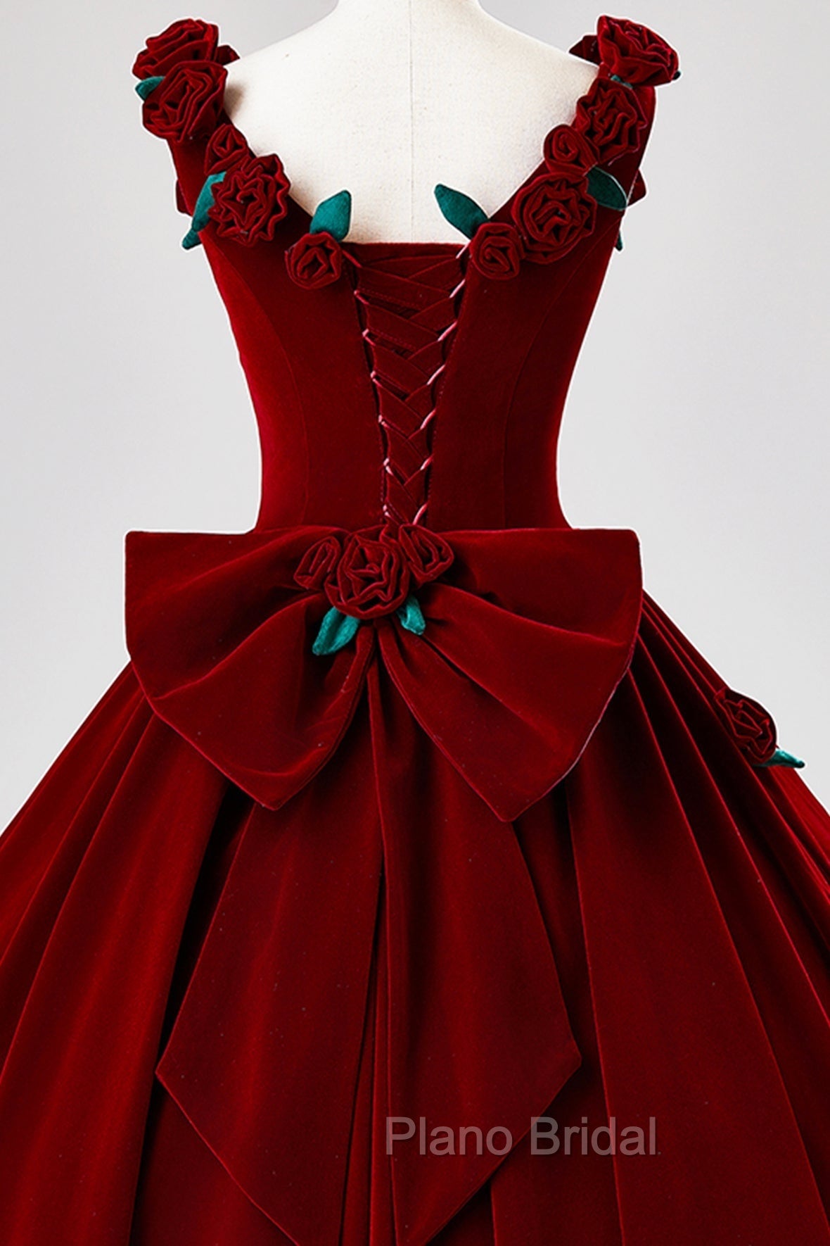 Burgundy Velvet Floor Length Formal Prom Dresses, A-Line Evening Party Dresses With Flowers