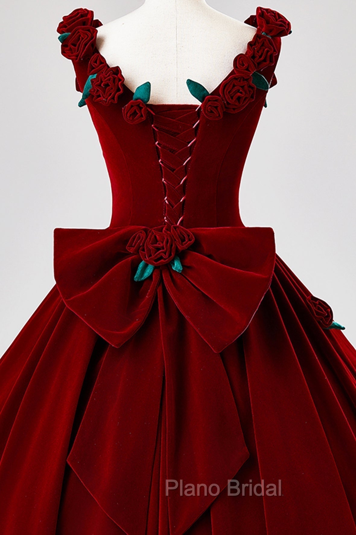 Burgundy Velvet Floor Length Formal Prom Dresses, A-Line Evening Party Dresses With Flowers