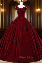 Burgundy Velvet Floor Length Formal Prom Dresses, A-Line Evening Party Dresses With Flowers