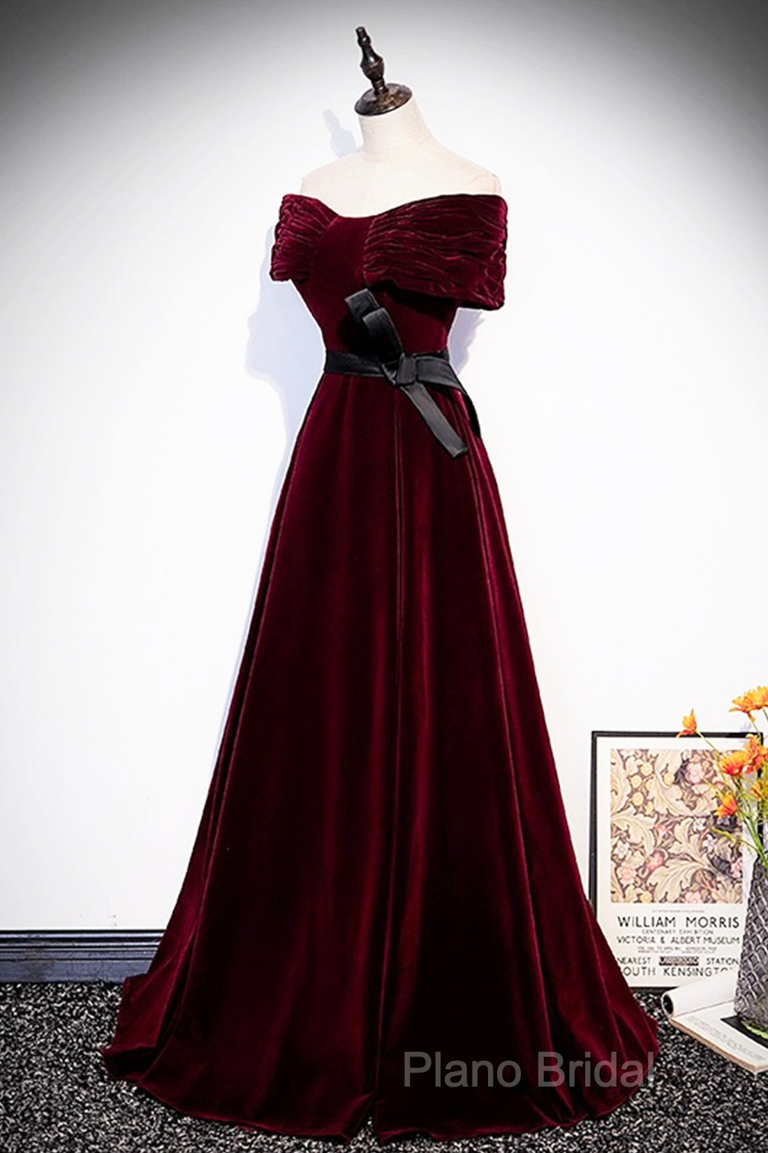 Burgundy Velvet Floor Length Formal Prom Dresses, Elegant Off The Shoulder Party Dresses
