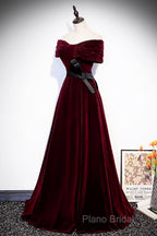 Burgundy Velvet Floor Length Formal Prom Dresses, Elegant Off The Shoulder Party Dresses