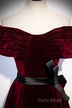 Burgundy Velvet Floor Length Formal Prom Dresses, Elegant Off The Shoulder Party Dresses