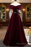 Burgundy Velvet Floor Length Formal Prom Dresses, Elegant Off The Shoulder Party Dresses