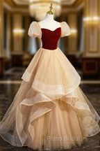 Burgundy Velvet Glitter Cascading Ruffles Formal Prom Dresses, Champagne Tulle Floor Length Evening Dresses
