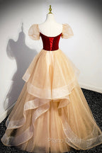 Burgundy Velvet Glitter Cascading Ruffles Formal Prom Dresses, Champagne Tulle Floor Length Evening Dresses