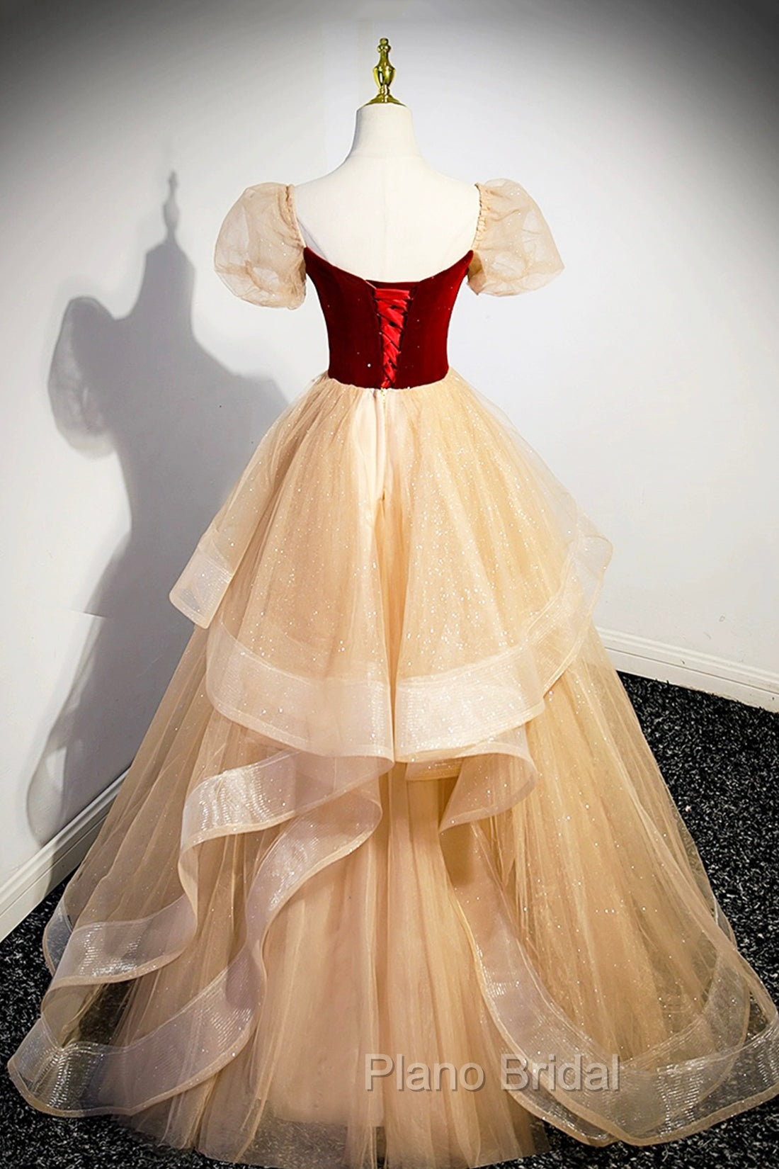 Burgundy Velvet Glitter Cascading Ruffles Formal Prom Dresses, Champagne Tulle Floor Length Evening Dresses