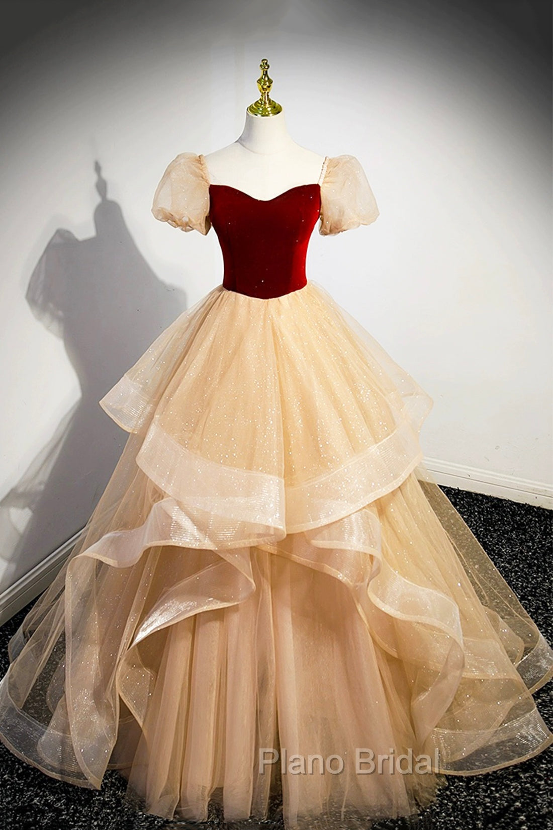 Burgundy Velvet Glitter Cascading Ruffles Formal Prom Dresses, Champagne Tulle Floor Length Evening Dresses Secondary image