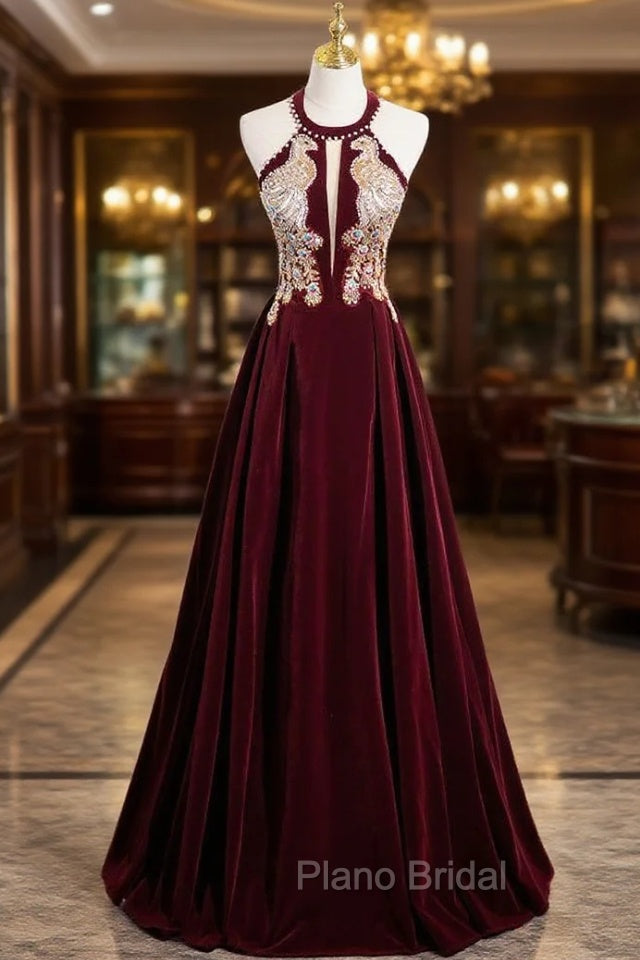 Burgundy Velvet Halter Beading Sequins Formal Prom Dresses
