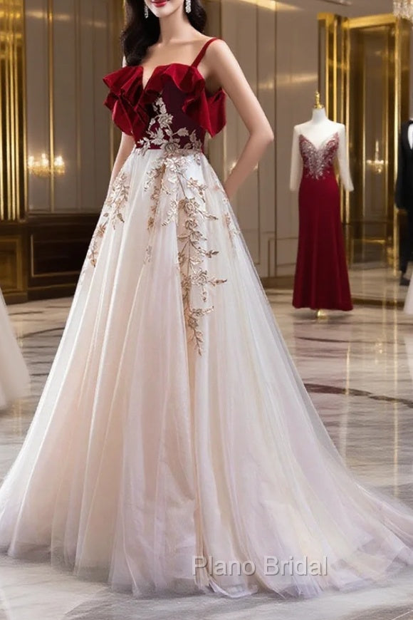 Burgundy Velvet Lace Long Formal Prom Dresses, A-Line Off Shoulder Evening Dresses Secondary image