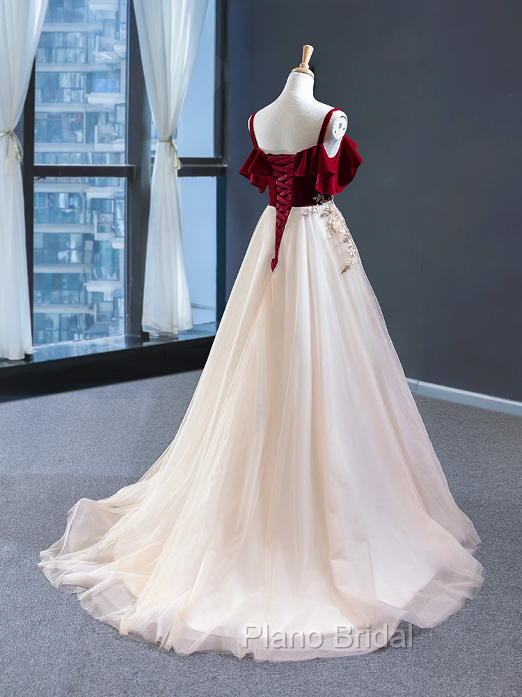Burgundy Velvet Lace Long Formal Prom Dresses, A-Line Off Shoulder Evening Dresses