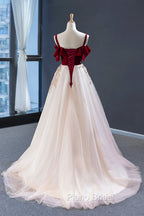 Burgundy Velvet Lace Long Formal Prom Dresses, A-Line Off Shoulder Evening Dresses