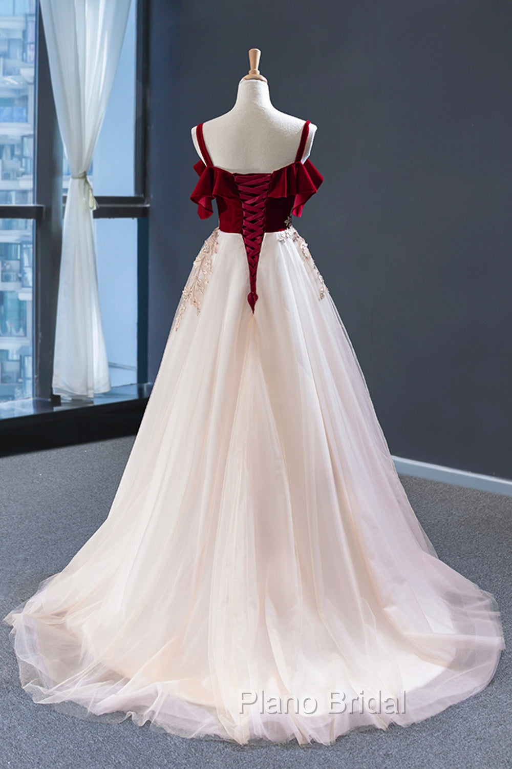 Burgundy Velvet Lace Long Formal Prom Dresses, A-Line Off Shoulder Evening Dresses