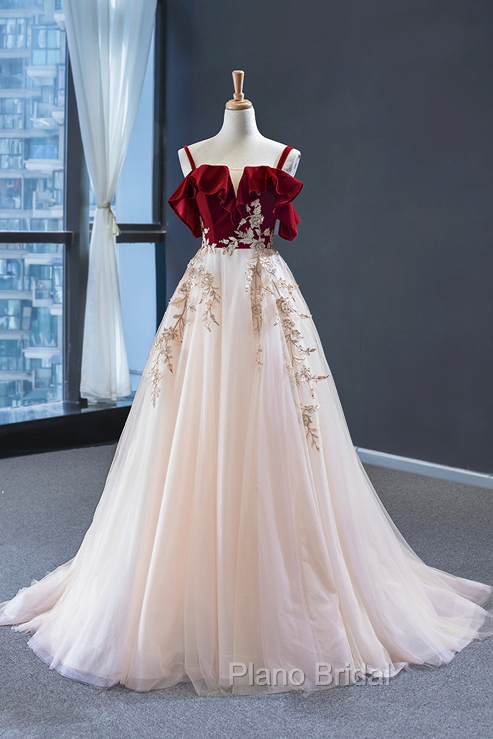 Burgundy Velvet Lace Long Formal Prom Dresses, A-Line Off Shoulder Evening Dresses