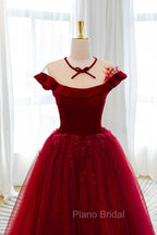 Burgundy Velvet Long A-Line Formal Prom Dresses, Burgundy Formal Evening Dresses