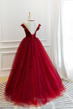 Burgundy Velvet Long A-Line Formal Prom Dresses, Burgundy Formal Evening Dresses