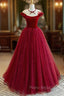 Burgundy Velvet Long A-Line Formal Prom Dresses, Burgundy Formal Evening Dresses