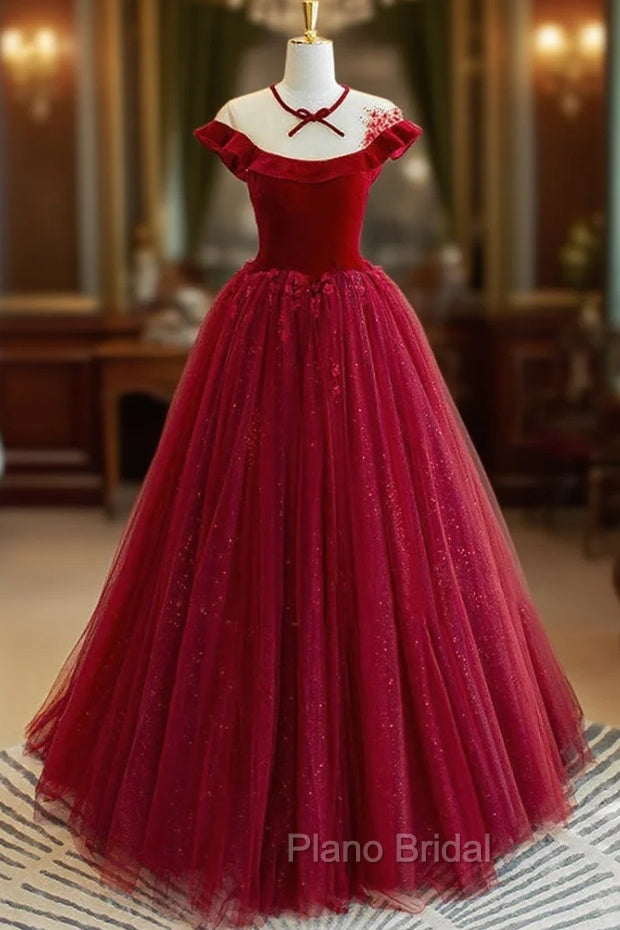 Burgundy Velvet Long A-Line Formal Prom Dresses, Burgundy Formal Evening Dresses Main image